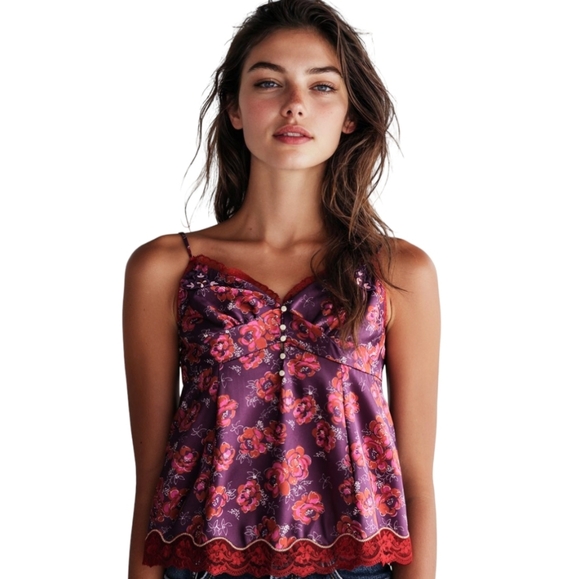 NWT Free People Intimately Free Floral Satin Lace Cami Eggplant XS Boho Romantic - Picture 3 of 16